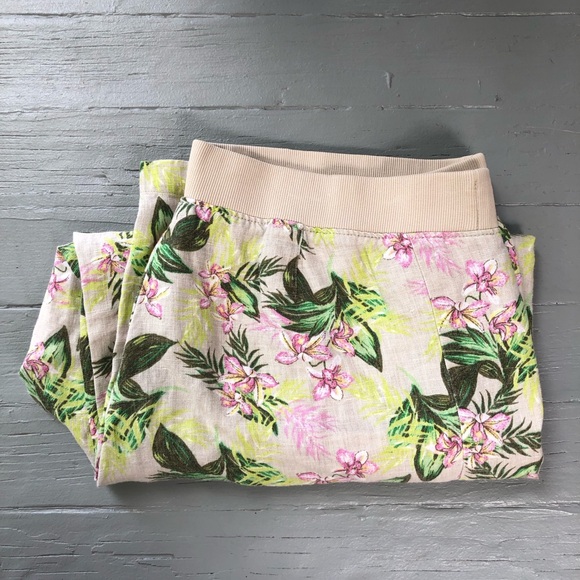 J Jill 100% Linen Pants Size L Flax Orchid Floral Tan Green Wide Leg Crop - Picture 11 of 12